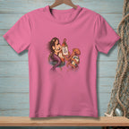 Illustration of a mermaid and octopus on a pink t-shirt with text "CIRCLE BACK NEVER".