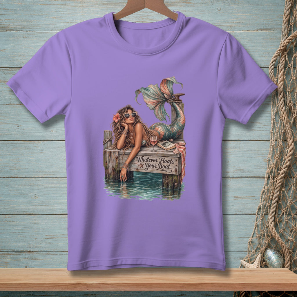 Lavender t-shirt with mermaid graphic and text "Whatever Floats Your Boat."