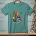Mermaid with lobster and text "Silence is also an answer" on a teal shirt.