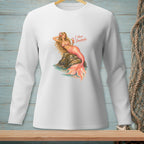 White long-sleeved shirt with a graphic of a mermaid holding a drink and text "I Have Standards".