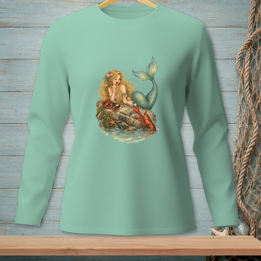 Illustration of a blonde mermaid with lobster and chocolates on a rock.