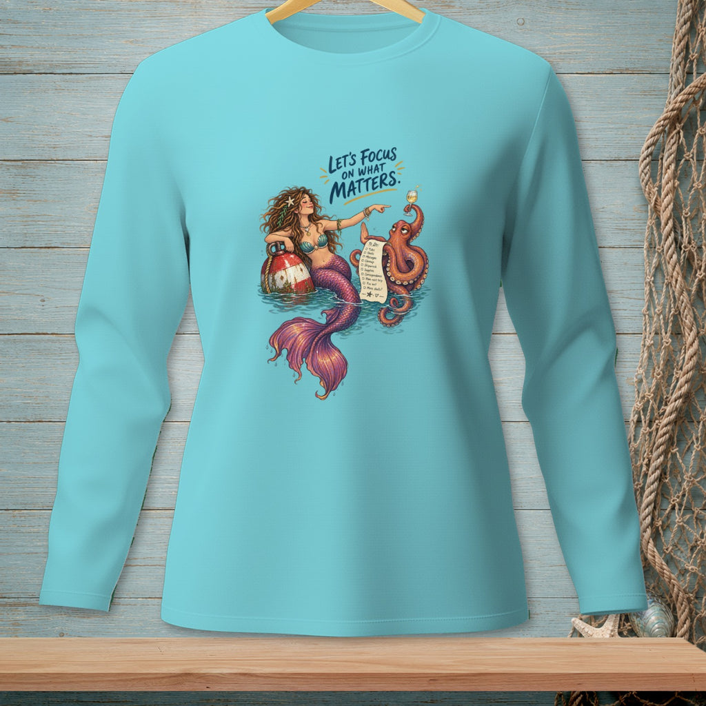 Mermaid and octopus with a to-do list and text "Let's focus on what matters."
