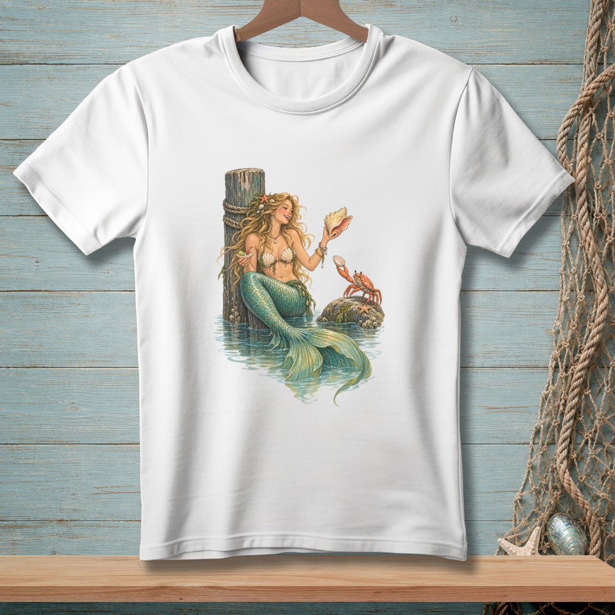 Illustration of a mermaid holding a seashell with a crab on a rock.
