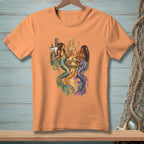 Three mermaids with colorful tails lounge on a dock, sharing drinks and snacks.
