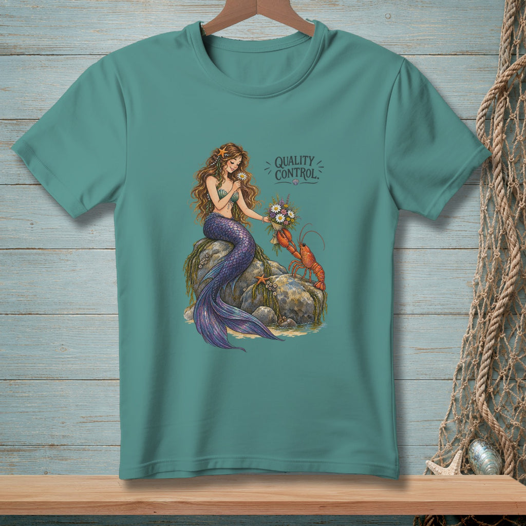 Mermaid with lobster, holding flowers and text "QUALITY CONTROL."
