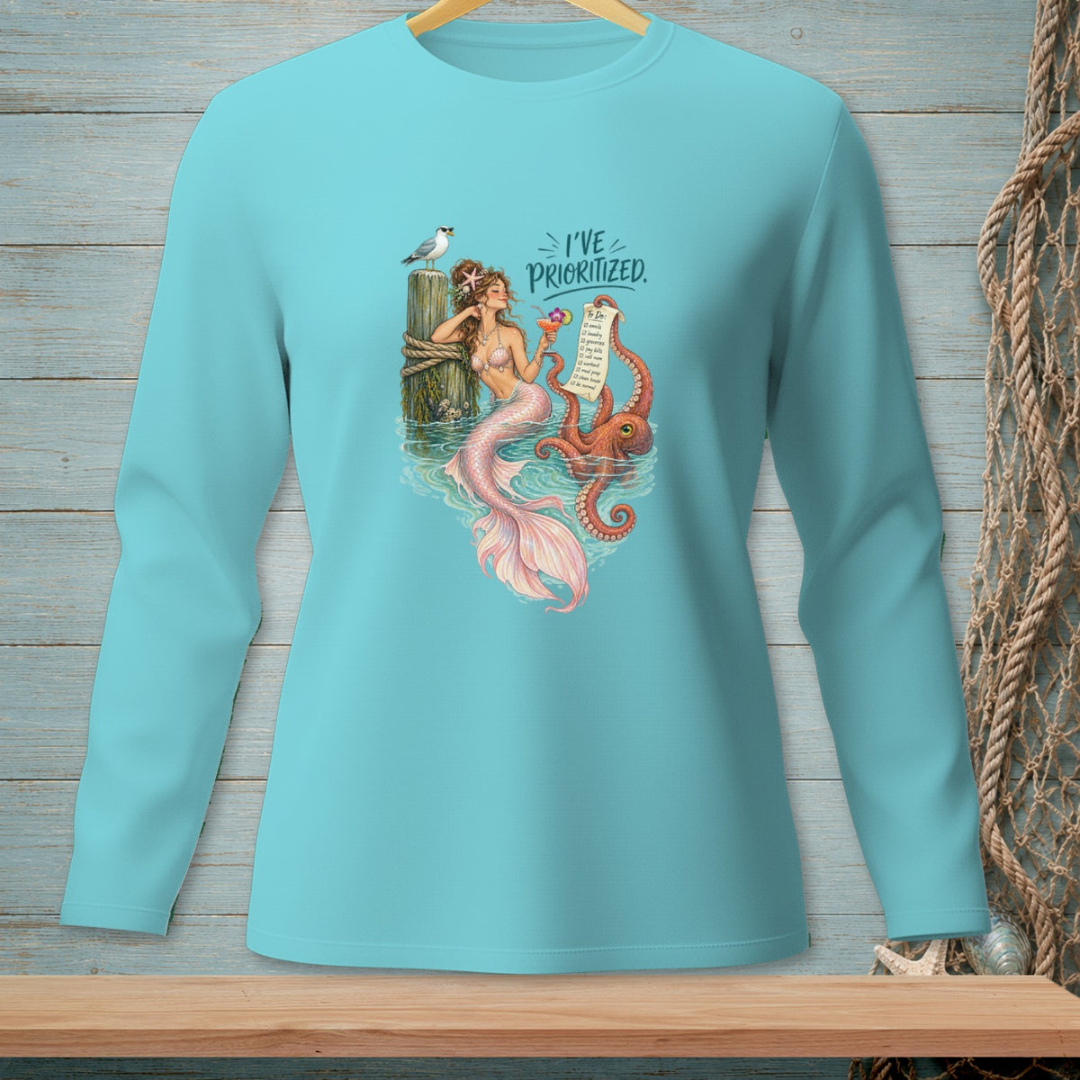 Mermaid with octopus and to-do list text "I'VE PRIORITIZED."