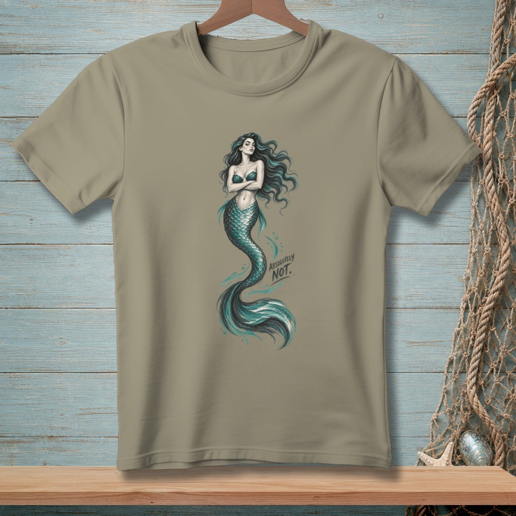 T-shirt with a drawing of a mermaid and the text "ABSOLUTELY NOT."