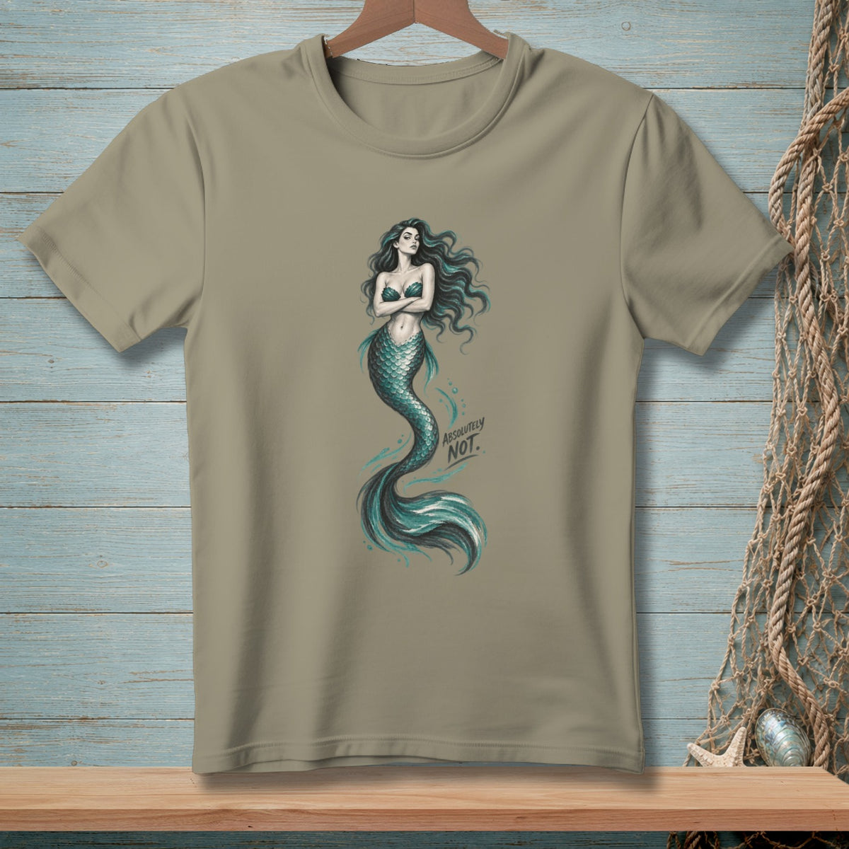 T-shirt with a drawing of a mermaid and the text "ABSOLUTELY NOT."