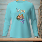 Mermaid with champagne and seagull on aqua long-sleeve shirt, reads "This isn't a community resource."