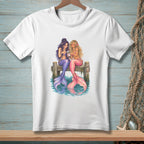 Two mermaids with colorful tails sit on a dock looking at a smartphone.