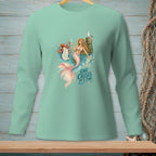 Mint green long-sleeve shirt with mermaid, octopus, and "One crisis at a time" text.