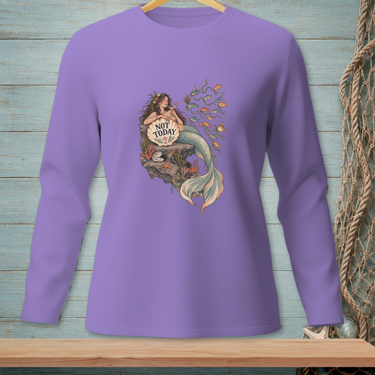 Long-sleeve lavender t-shirt with a mermaid graphic that says "NOT TODAY".