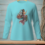 Mermaid sitting on dock holding seashell with octopus in the water.