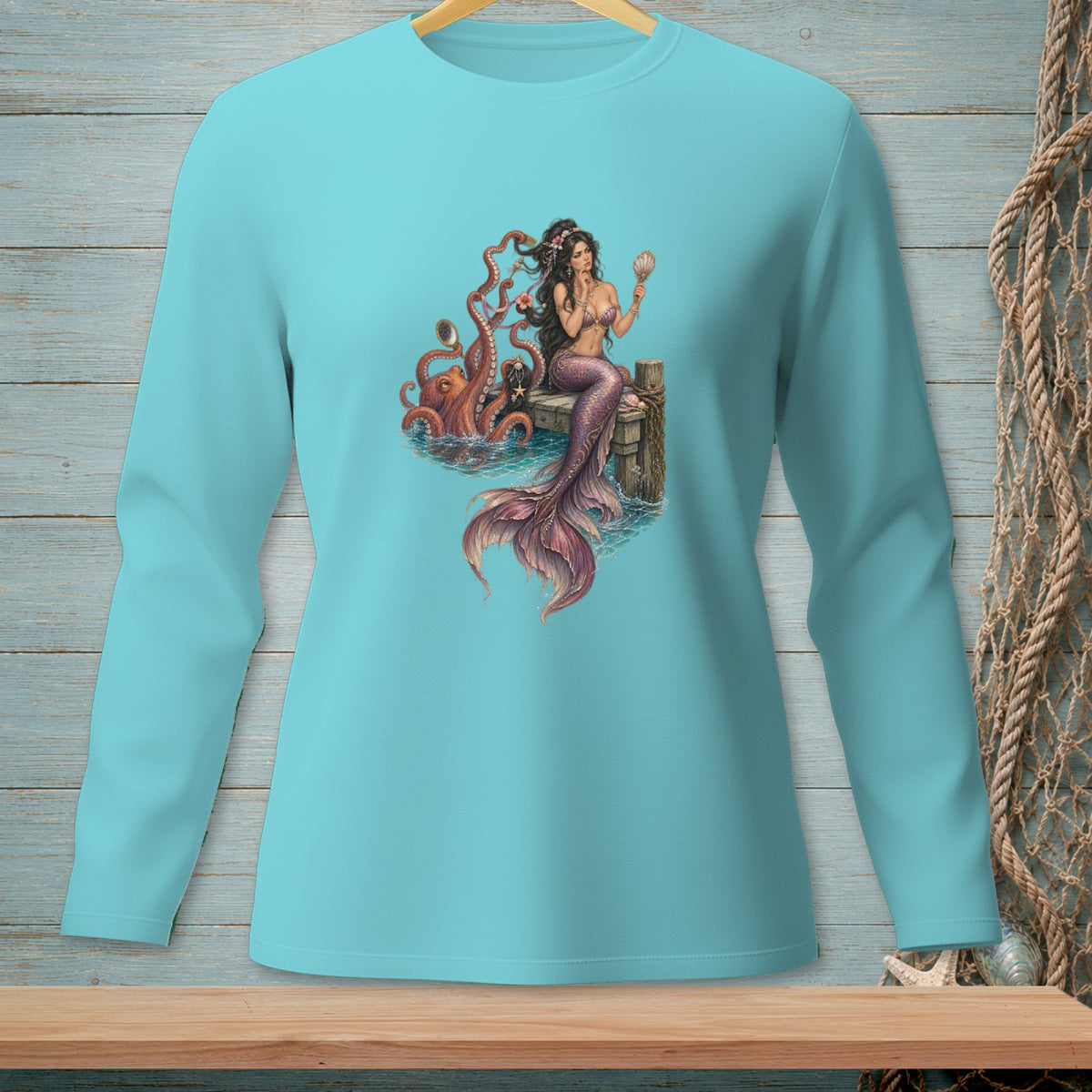 Mermaid sitting on dock holding seashell with octopus in the water.