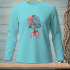 Teal long-sleeve shirt with mermaid tail graphic reading "My Tail, My Rules."