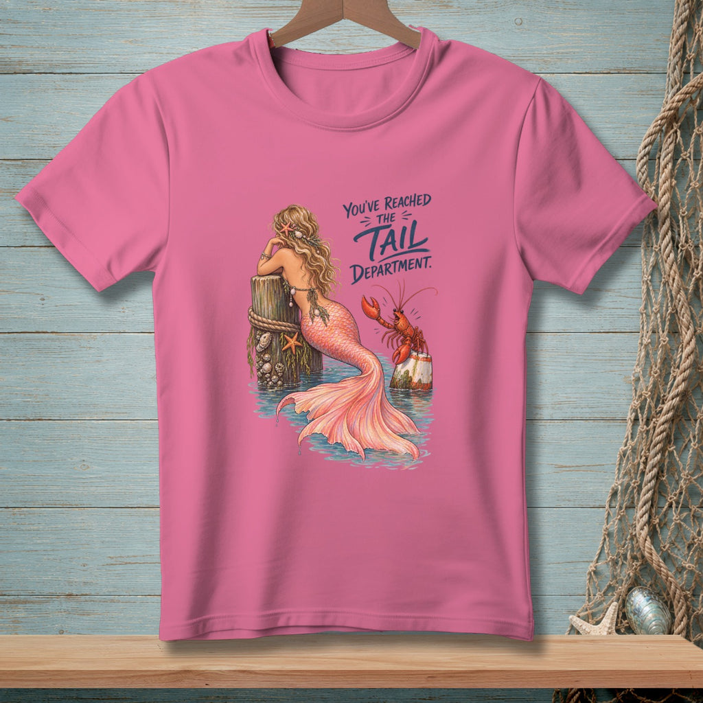 Pink t-shirt with mermaid, lobster, and text "You've Reached the Tail Department".