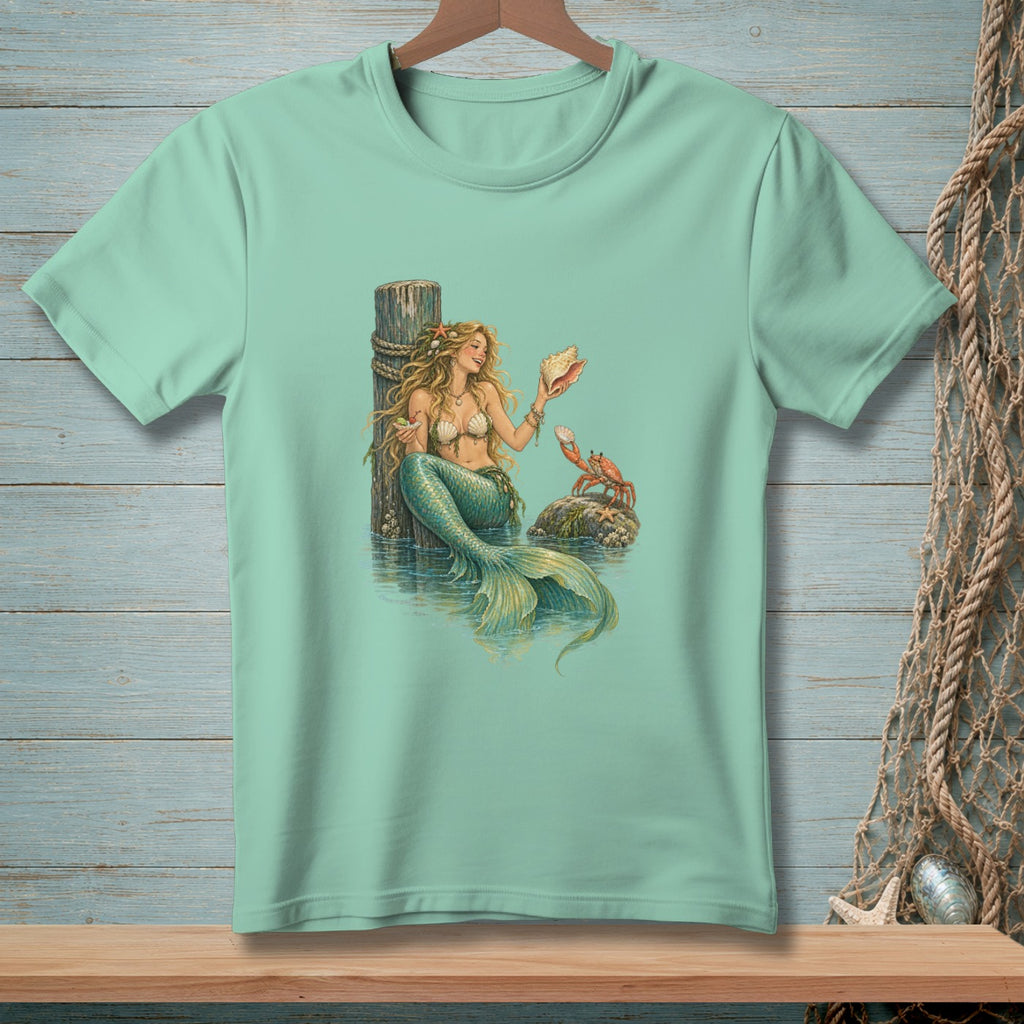 Mint t-shirt with a mermaid, crab, and seashell graphic on a wooden background.