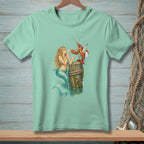 Mermaid and lobster on a post with drinks on a teal t-shirt.
