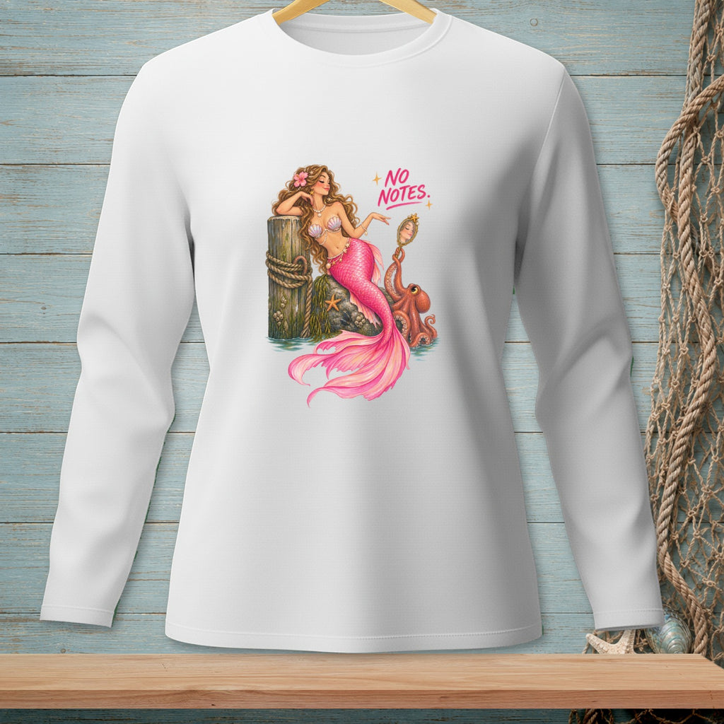 Mermaid with pink tail, octopus, and mirror with text "No Notes".