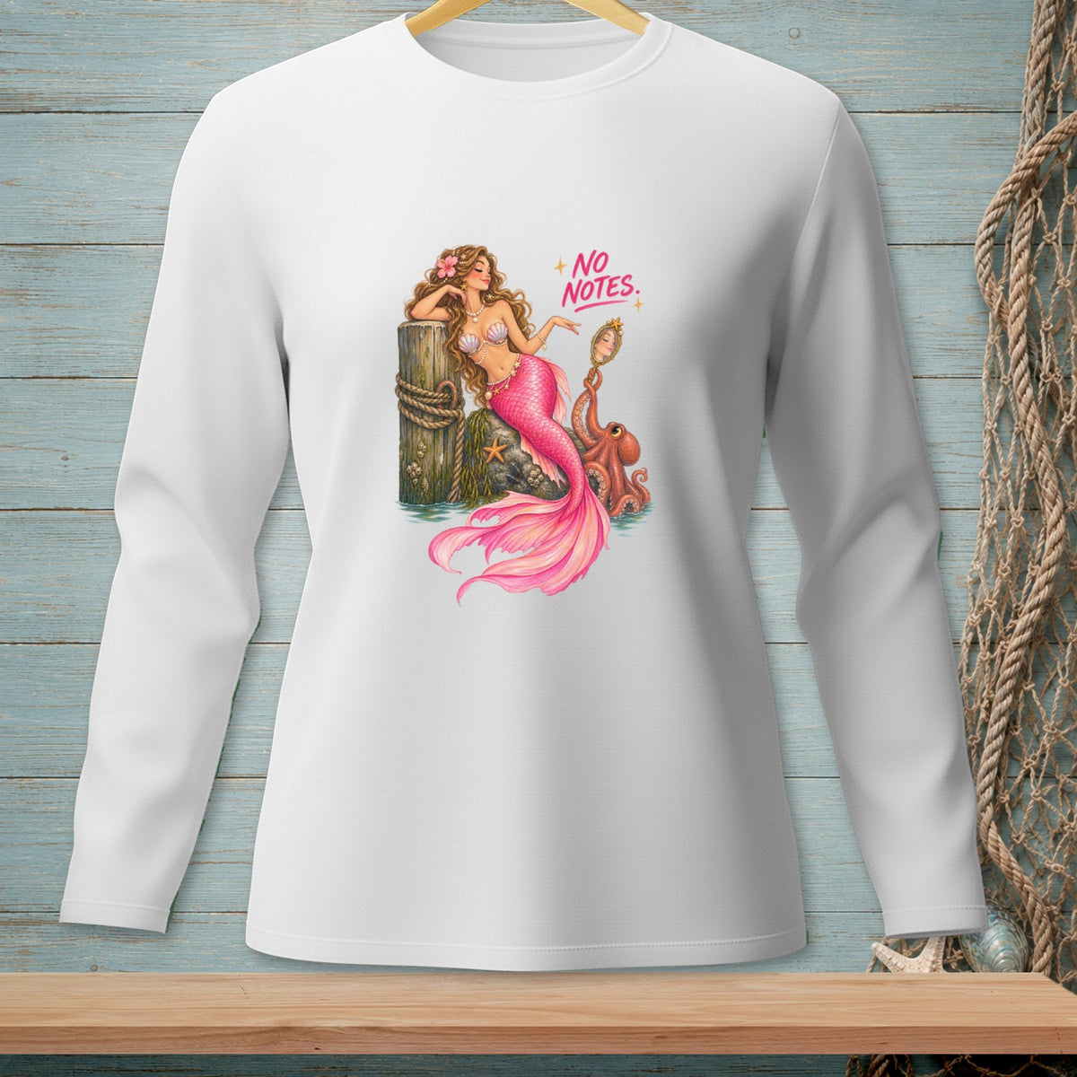 Mermaid with pink tail, octopus, and mirror with text "No Notes".