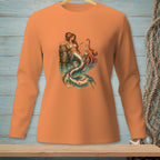 Mermaid and octopus art print on an orange long-sleeve shirt.