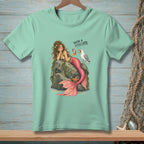 Mermaid with pink tail sits on rocks near seagull; text reads "You're a little late."