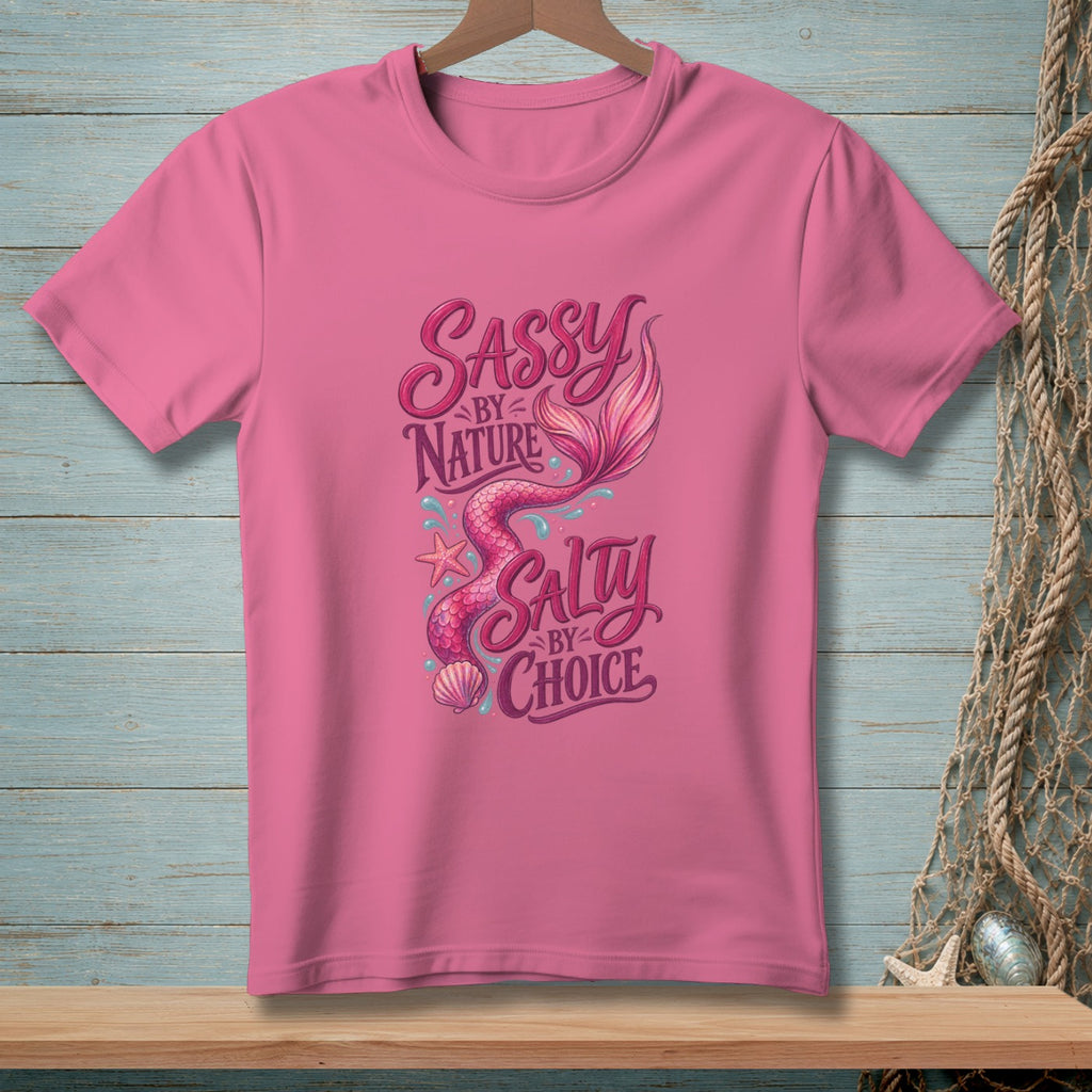 Pink t-shirt with "Sassy by Nature, Salty by Choice" mermaid graphic.