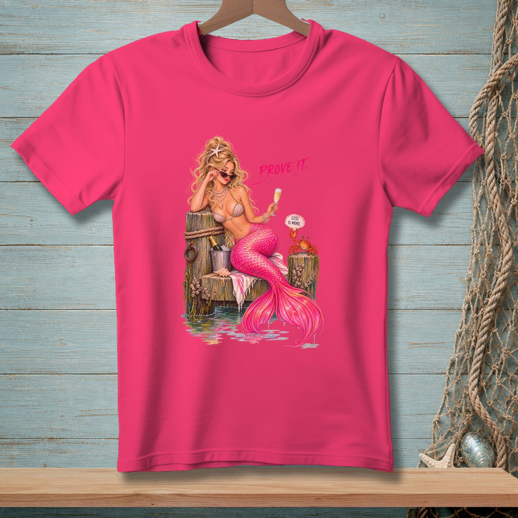 Pink t-shirt with a mermaid holding champagne and text "PROVE IT".