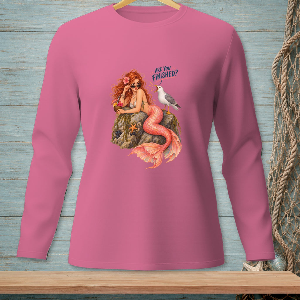 Pink long-sleeve shirt with mermaid and seagull graphic and text "ARE YOU FINISHED?".