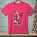 Pink t-shirt with mermaid, crab, and text "Crabby Isn't A Personality, Kevin."