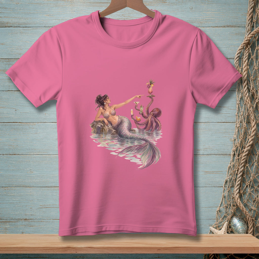 Pink t-shirt with a mermaid and octopus holding tropical drinks.