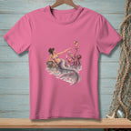 Pink t-shirt with a mermaid and octopus holding tropical drinks.