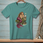 Mermaid relaxing on a rock with wine, a crab, and "NOT ACCEPTING FEEDBACK" sign.