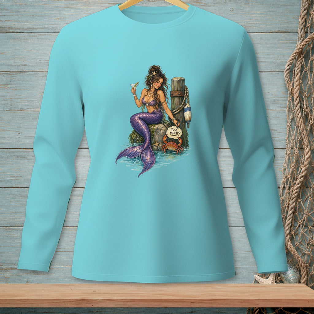 Mermaid with purple tail drinks martini by dock post with crab saying "Too Much?".