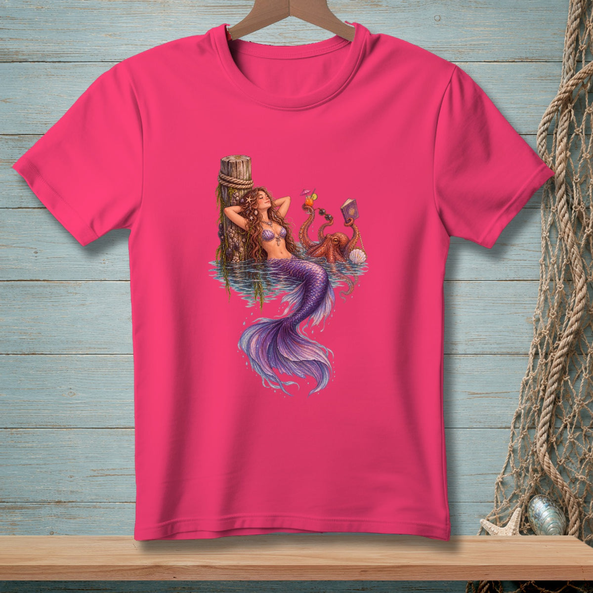 Mermaid relaxing by a post with octopus holding drinks and sunglasses.