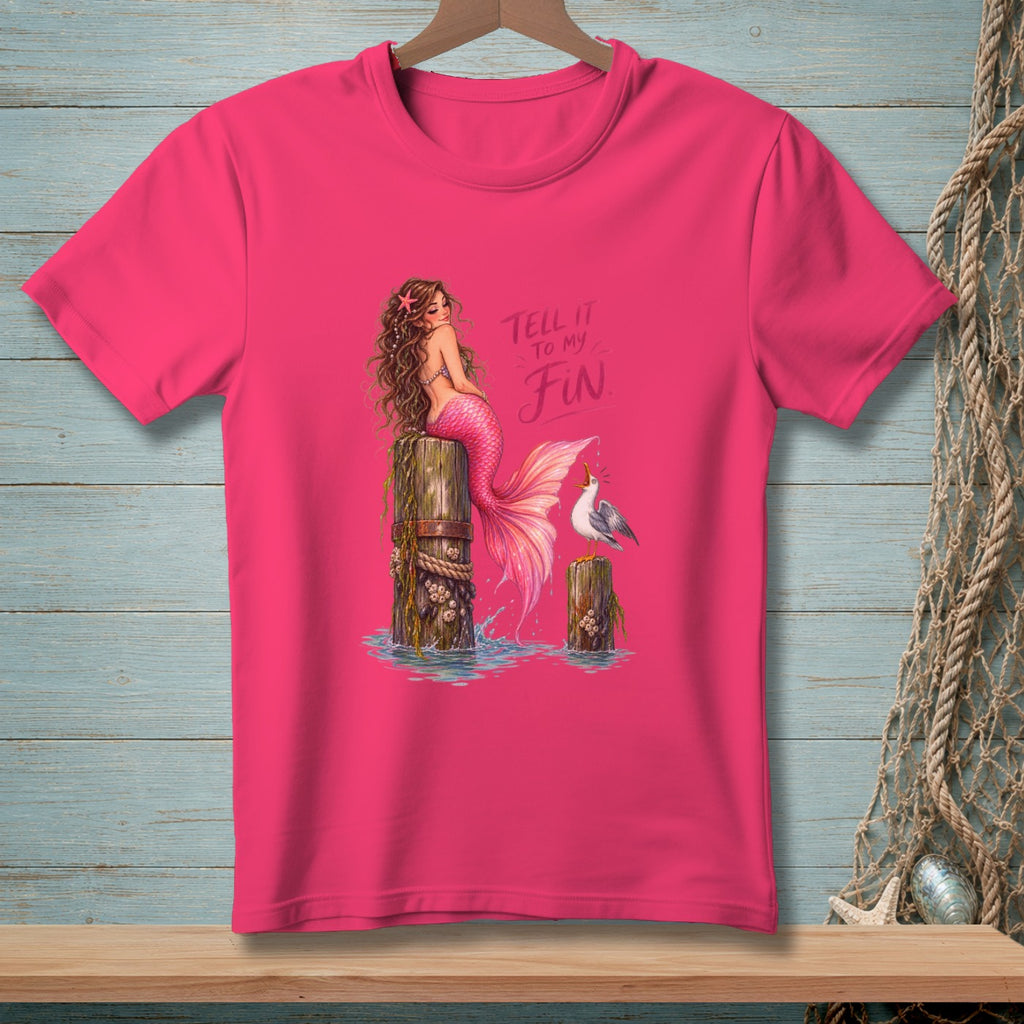 Pink t-shirt with mermaid and seagull graphic with text "Tell it to my Fin."