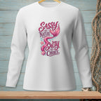 White long-sleeve shirt with "Sassy by Nature Salty by Choice" and mermaid tail design.