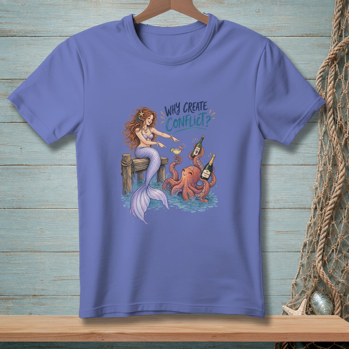 Mermaid pointing at octopus holding champagne with text "Why Create Conflict?".