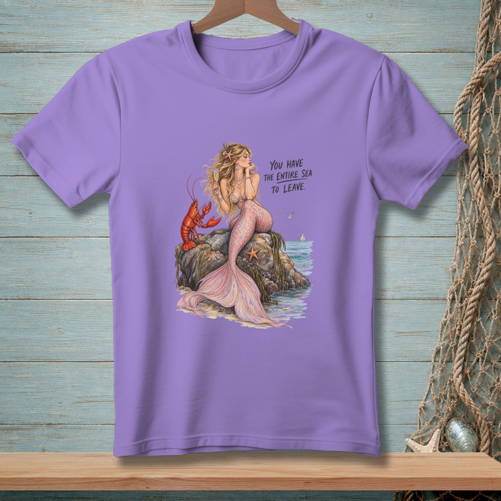 Purple t-shirt with a mermaid, lobster, and text: "You have the entire sea to leave."