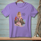 Purple t-shirt with a mermaid, lobster, and text: "You have the entire sea to leave."