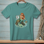 Teal t-shirt with mermaid, seagull, and pearl graphic on a rock in the sea.