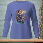 Mermaid on pier with seagull, holding wine glass, and "Thoughts and Prayers" sign.