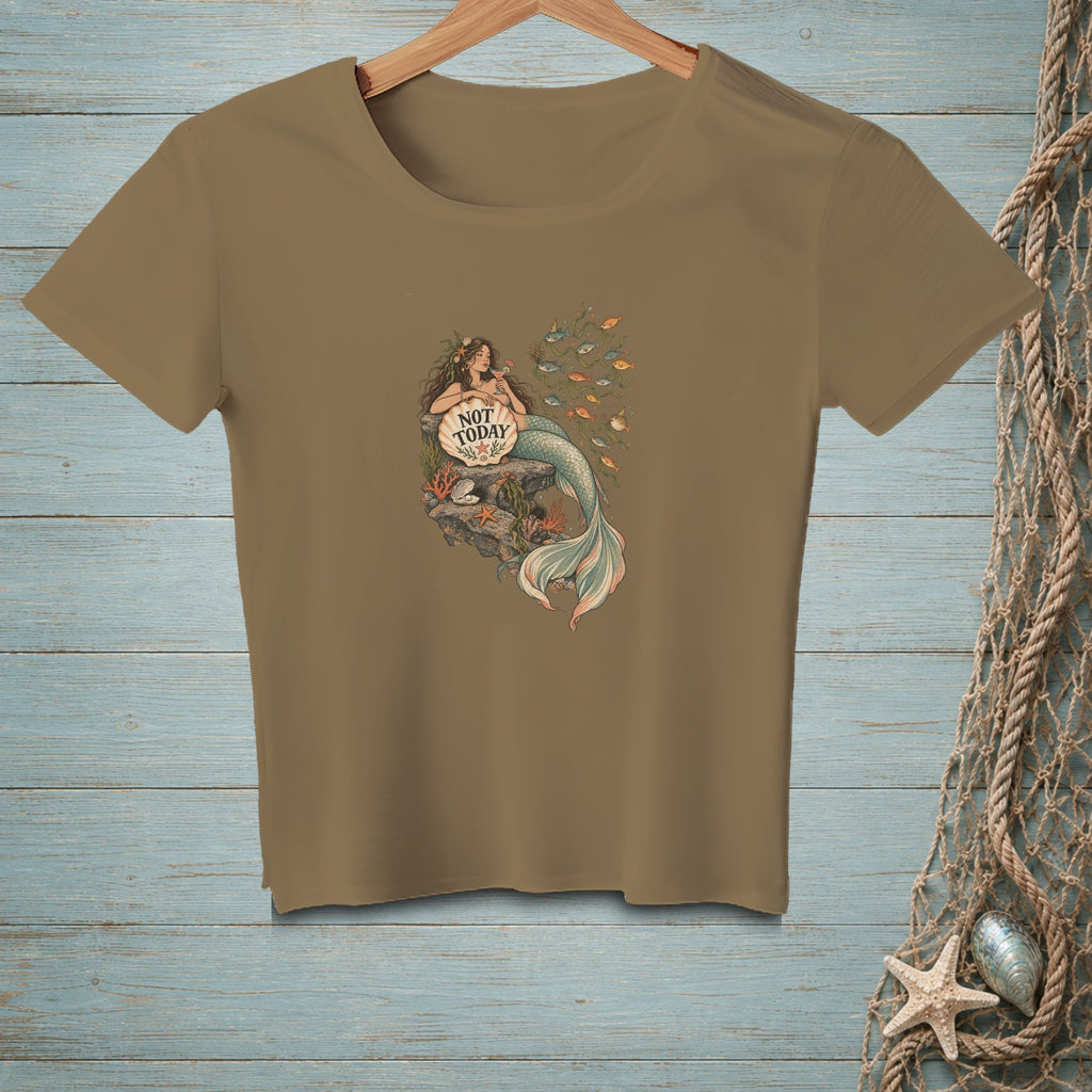 Brown t-shirt with a mermaid sitting on a rock, holding a shell with "NOT TODAY" text.