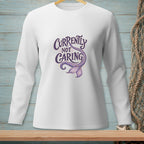White long-sleeved shirt with "Currently Not Caring" and mermaid tail graphic.