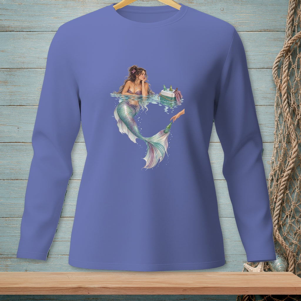 Illustration of a mermaid with a birthday cake and a hand offering a drink.