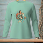 Mermaid with octopus and crab on rocks, seated on a light green long-sleeve shirt.