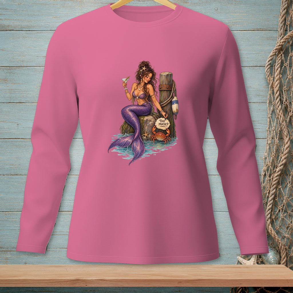 Pink long-sleeve shirt with a graphic of a mermaid and crab.