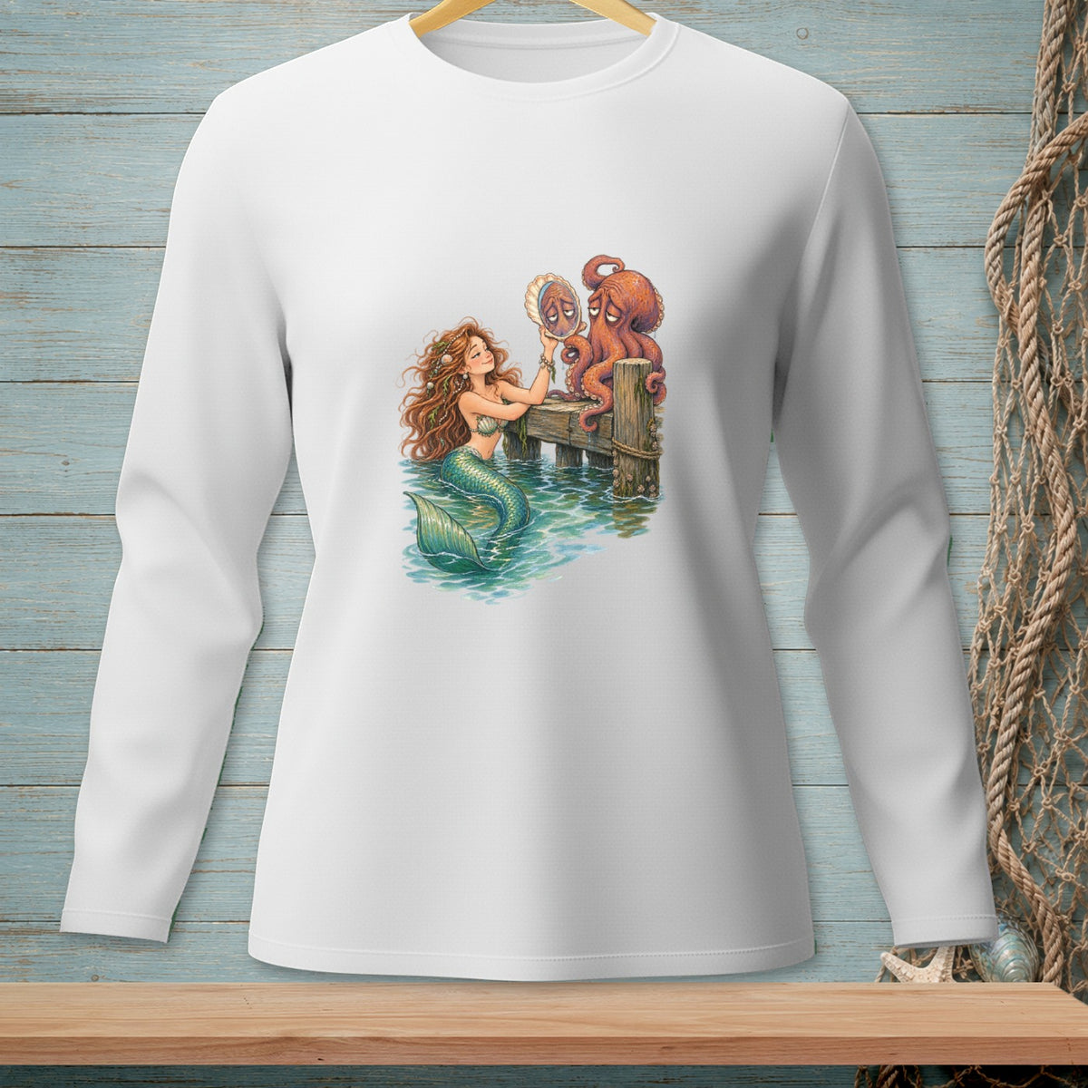 Mermaid and octopus looking at a pearl on a pier with water.