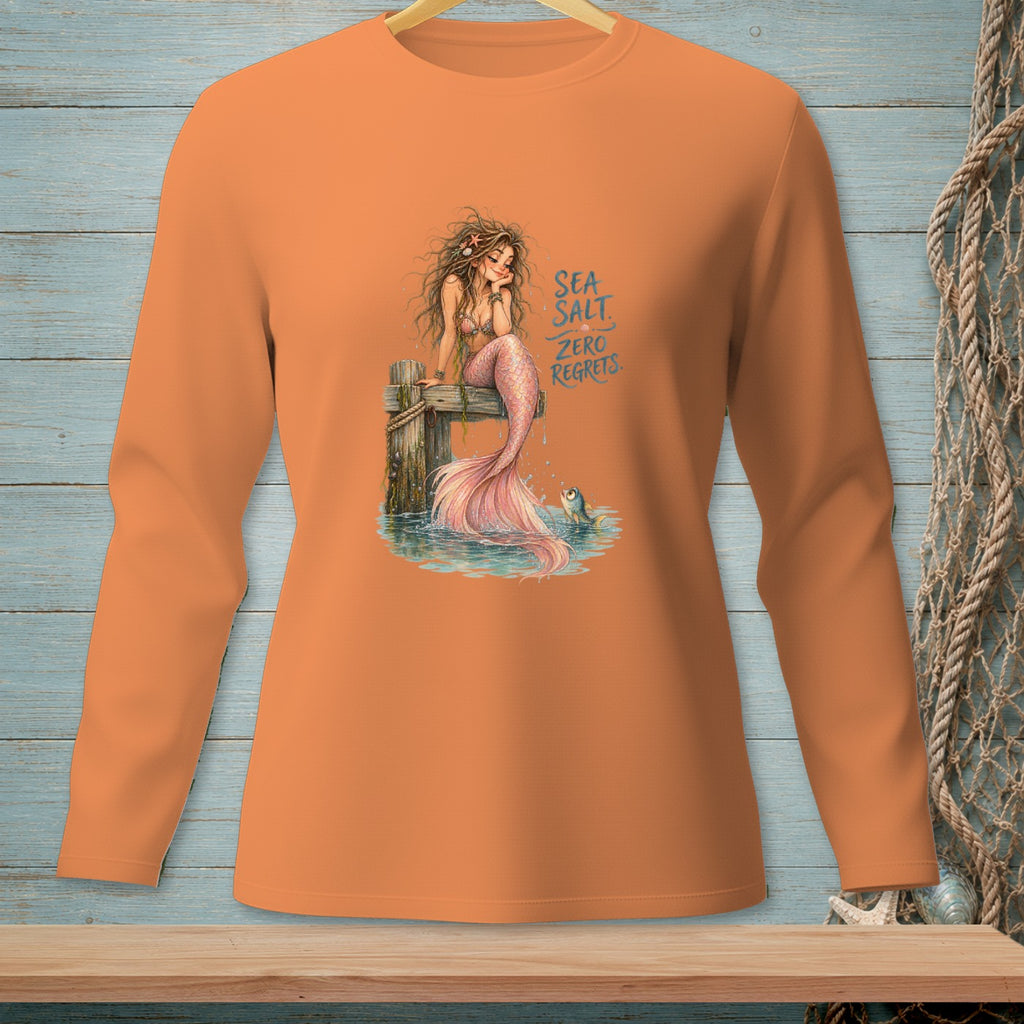 Orange long-sleeve shirt with a mermaid and fish graphic and text.