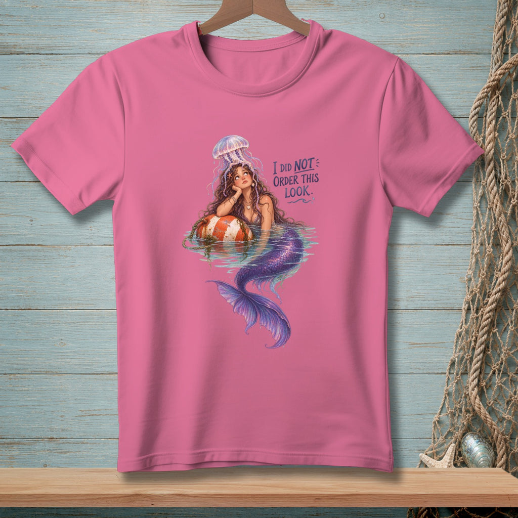 Mermaid with jellyfish on head, resting on buoy, text "I DID NOT ORDER THIS LOOK."